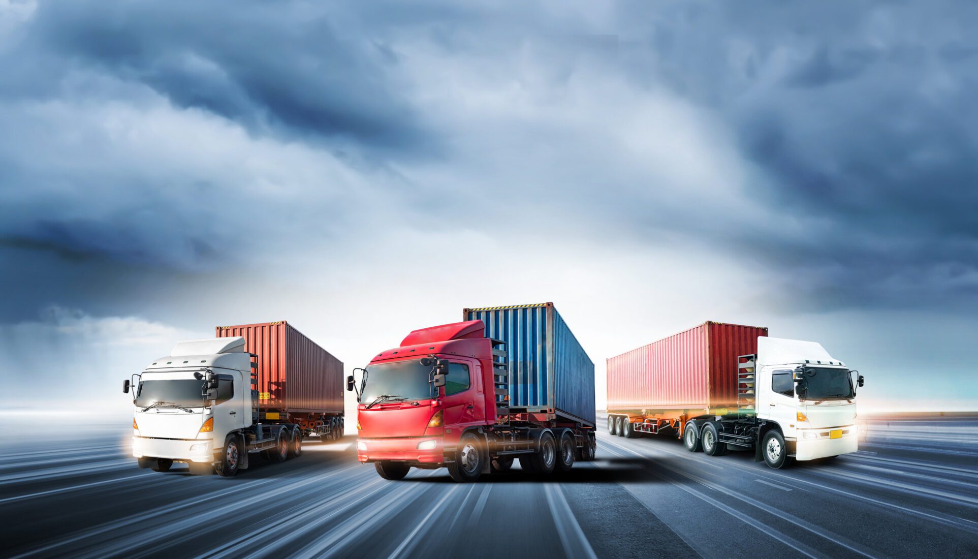 Truck transport with red container on highway road at sunset, mo